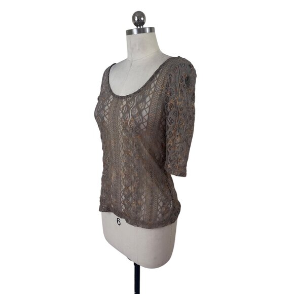HIP Happening in the Present Top Medium Brown Gold Metallic Lace Whimsigoth Boho - Picture 2 of 9